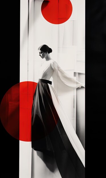 uma mulher de vestido com um vestido vermelho e preto e branco