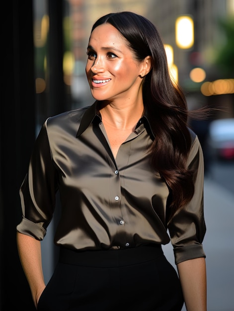 Foto uma mulher de vestido com uma camisa dourada e saia preta