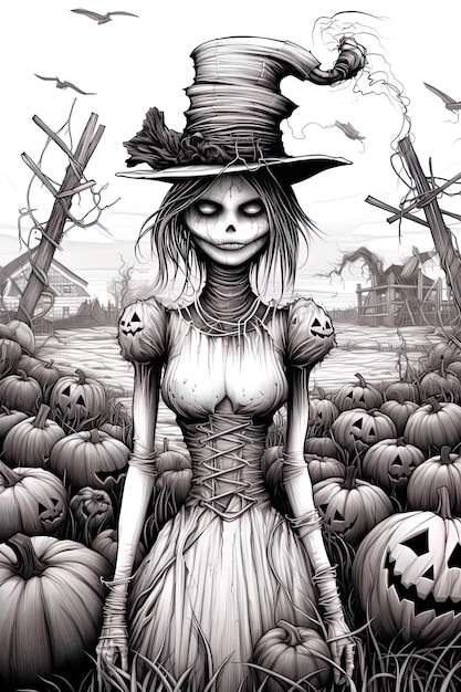 uma mulher de vestido de bruxa está de pé na frente de um patch de abóbora