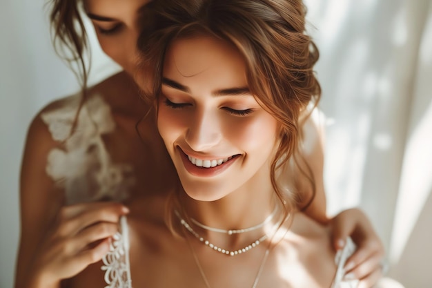 Foto uma mulher de vestido de noiva branco sorrindo para sua dama de honra