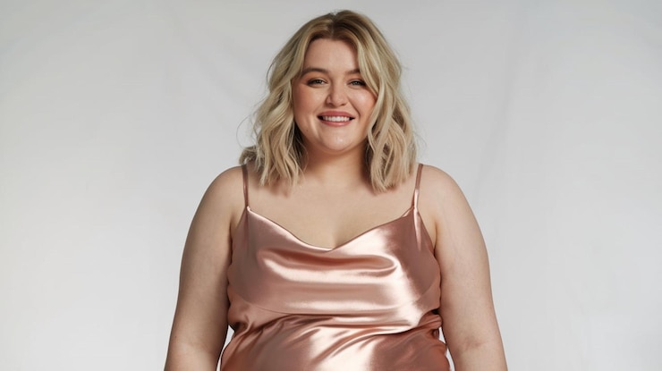 Foto uma mulher de vestido dourado sorri para uma foto