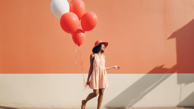 Uma mulher de vestido e chapéu caminha com um monte de balões vermelhos.