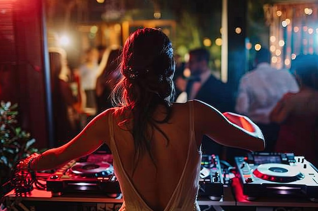 Foto uma mulher de vestido está a fazer dj numa festa.