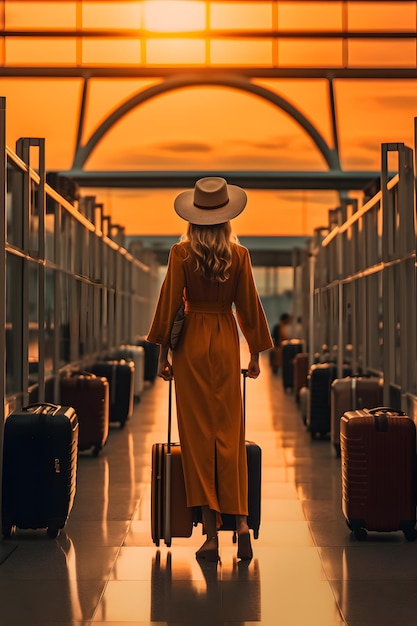 Uma mulher de vestido está andando com bagagem.