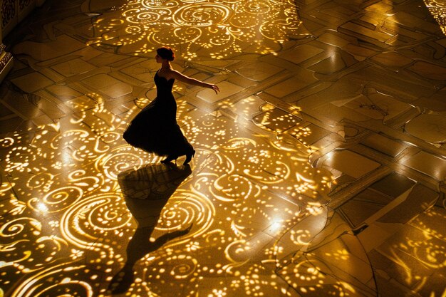 Foto uma mulher de vestido está dançando em um chão com luzes nele