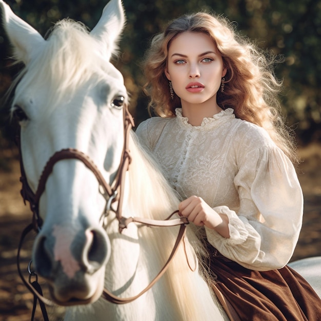 Uma mulher de vestido está montando um cavalo branco