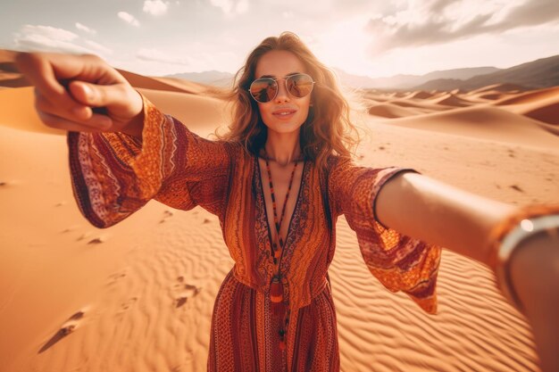 Uma mulher de vestido está parada no deserto.