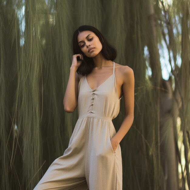 Foto uma mulher de vestido fala ao celular.