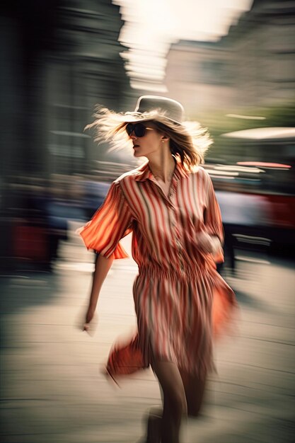 uma mulher de vestido listrado vermelho está andando pela rua