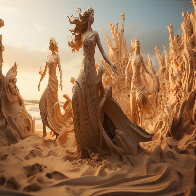 uma mulher de vestido longo está de pé na areia com as mãos nos quadris