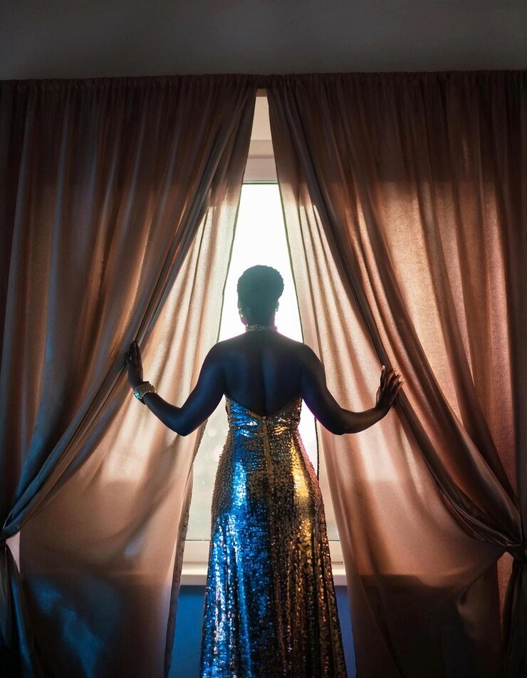 uma mulher de vestido olhando por uma janela com o sol brilhando através das cortinas