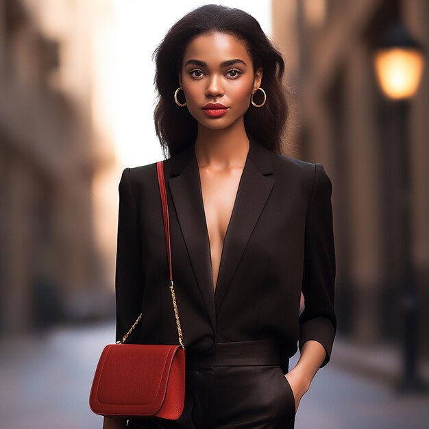 Uma mulher de vestido preto com uma bolsa vermelha e brincos de ouro.