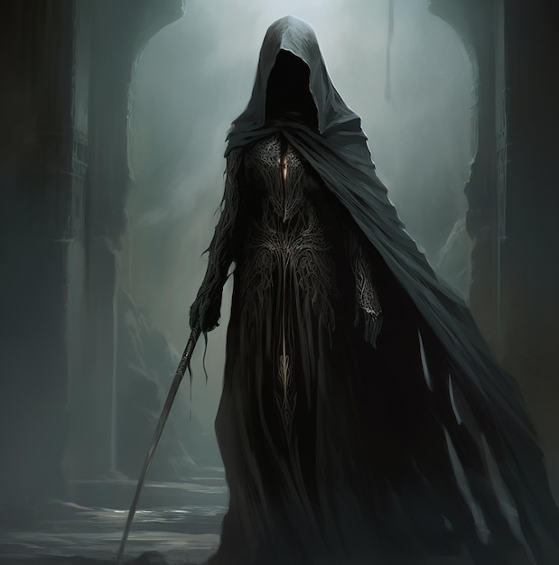 uma mulher de vestido preto com uma espada na mão.