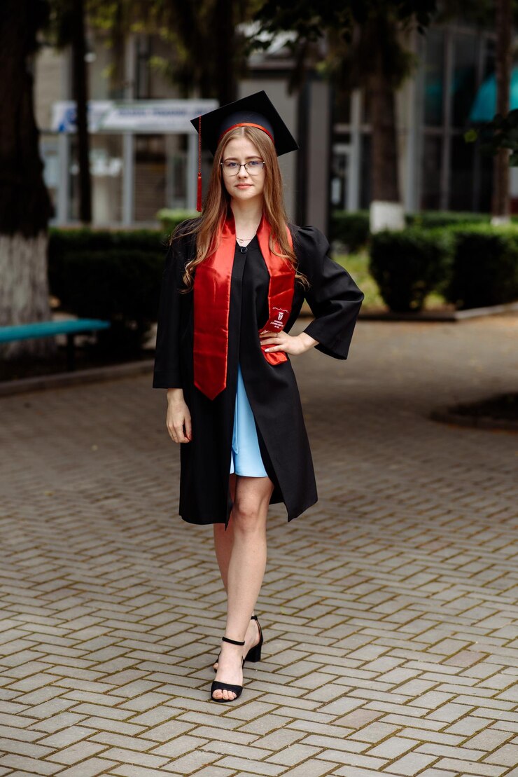 Foto uma mulher de vestido preto e vermelho está em uma calçada