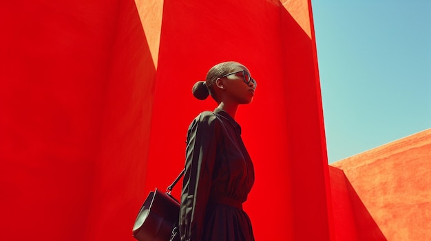 Foto uma mulher de vestido preto está de pé contra uma parede vermelha em um evento de artes cênicas