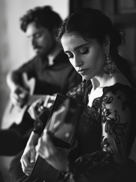 Uma mulher de vestido preto está tocando guitarra enquanto um homem olha para a cena é de romance e musicalidade