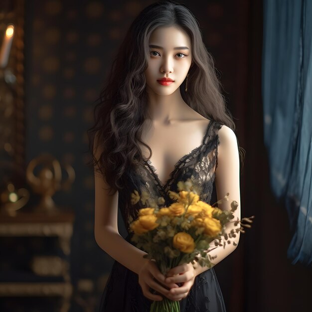 Uma mulher de vestido preto segura um buquê de rosas.