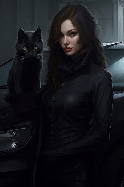 Foto uma mulher de vestido preto senta-se ao lado de um gato preto.