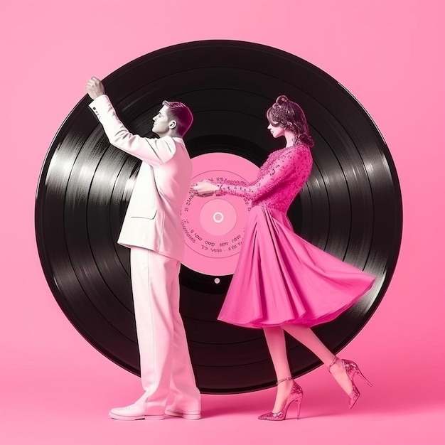 Foto uma mulher de vestido rosa e um homem de terno branco segurando um disco