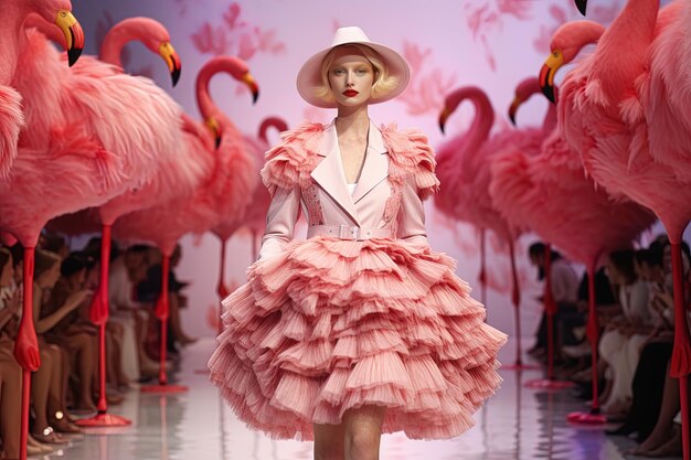 uma mulher de vestido rosa está em frente a flamingos