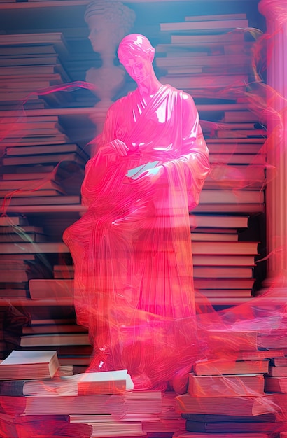 Foto uma mulher de vestido rosa está em frente a uma pilha de livros.