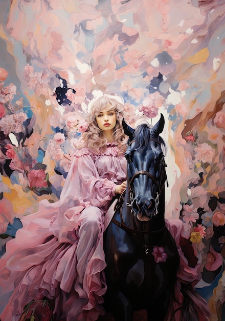 Foto uma mulher de vestido rosa está sentada ao lado de um cavalo