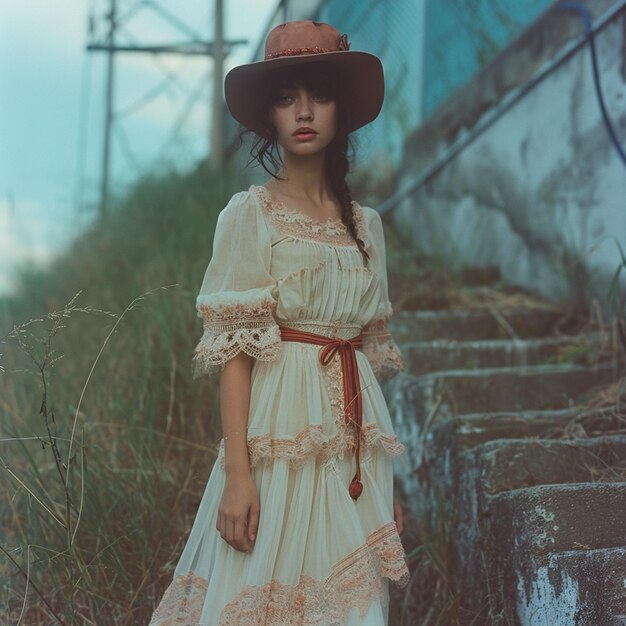 Foto uma mulher de vestido rosa posa entre a natureza por uma parede de tijolos