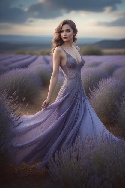 uma mulher de vestido roxo está de pé num campo de lavanda