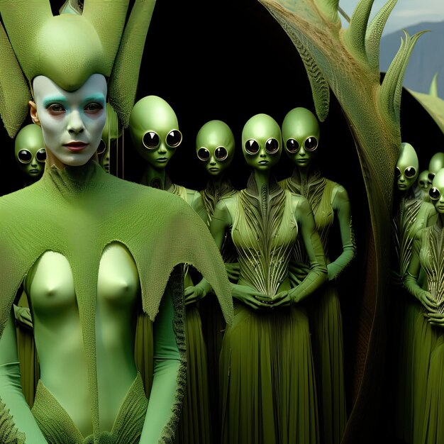 Foto uma mulher de vestido verde com alienígena nas costas está em um grupo de trajes alienígenas