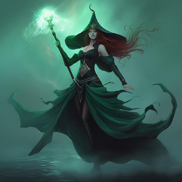 Uma mulher de vestido verde com uma varinha mágica na cabeça.