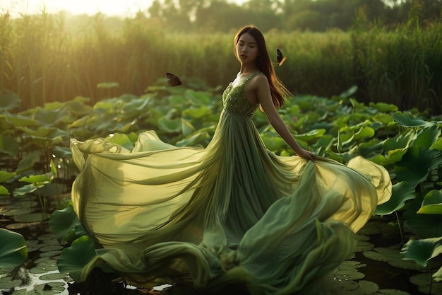Foto uma mulher de vestido verde de pé em uma lagoa