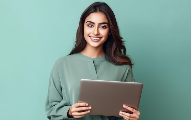 Uma mulher de vestido verde segura um tablet com fundo azul.