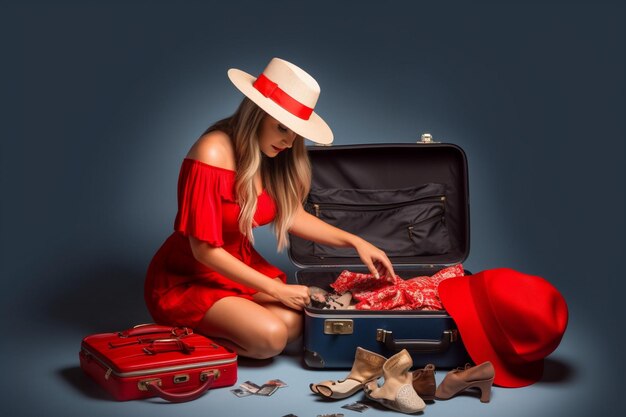 Foto uma mulher de vestido vermelho abrindo uma mala de mala