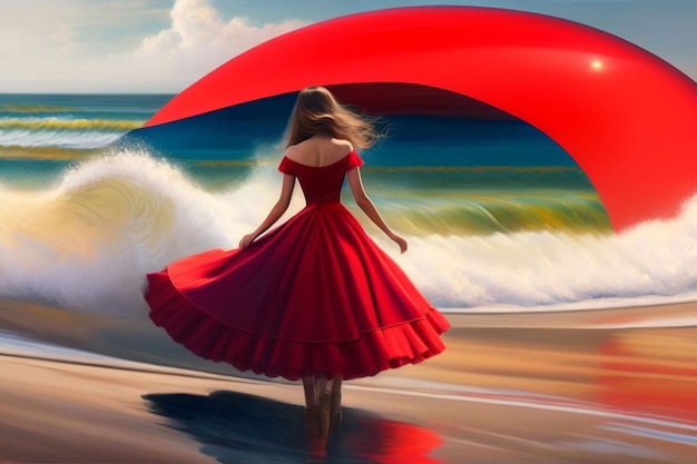 Uma mulher de vestido vermelho caminha na praia com um grande guarda-chuva vermelho.