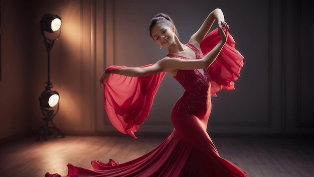 uma mulher de vestido vermelho com a palavra citação na parte de trás