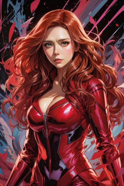 uma mulher de vestido vermelho com cabelos longos e vermelhos e um top preto