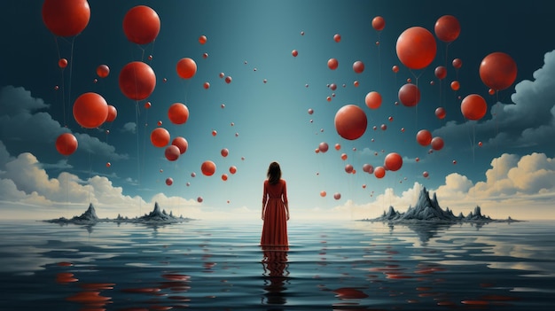 Foto uma mulher de vestido vermelho de pé na água com balões vermelhos flutuando acima dela