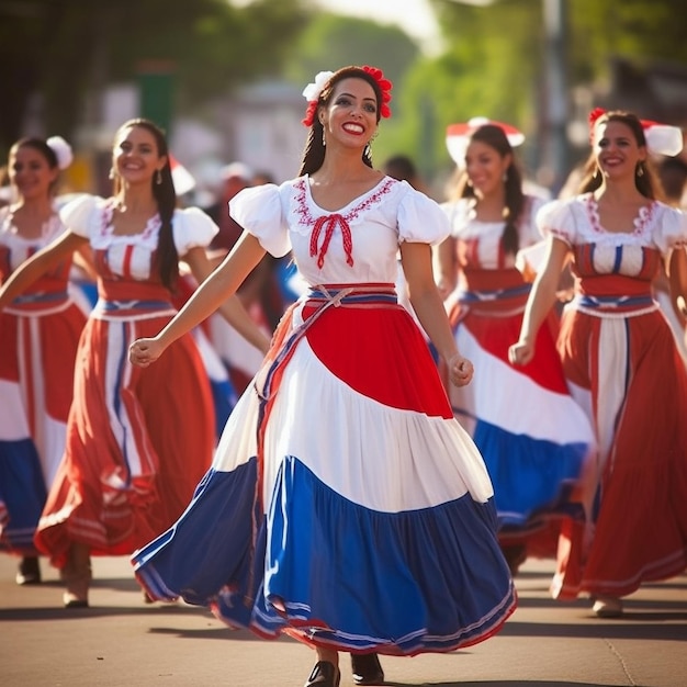 Uma mulher de vestido vermelho e branco está dançando em um desfile