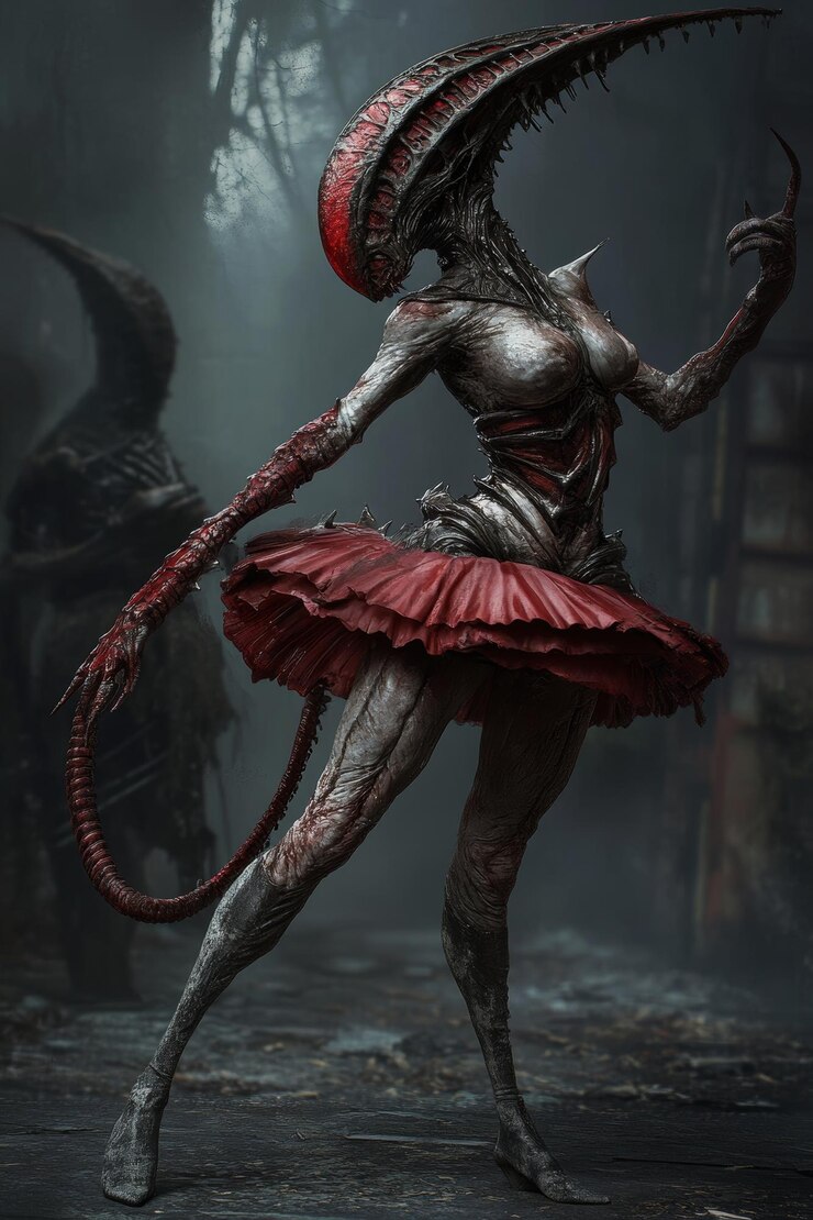 Foto uma mulher de vestido vermelho está dançando em uma sala escura.