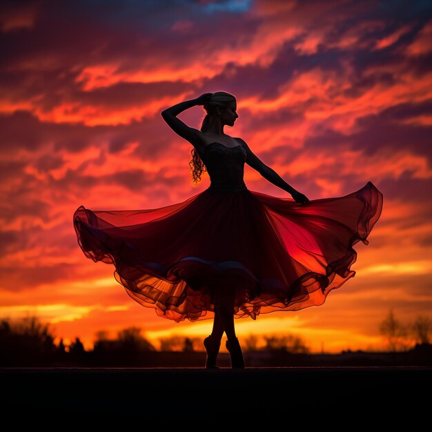 Foto uma mulher de vestido vermelho está de pé na frente de um pôr-do-sol