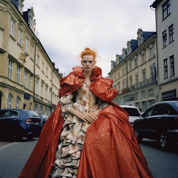 Foto uma mulher de vestido vermelho está de pé na rua com um vestido vermello nele