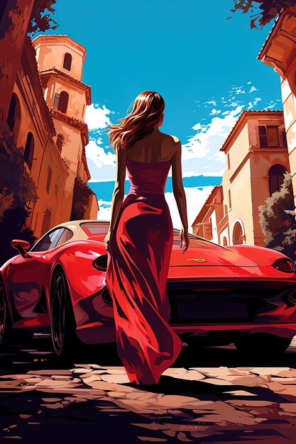 uma mulher de vestido vermelho está em frente a um carro vermelho com a palavra supercarro