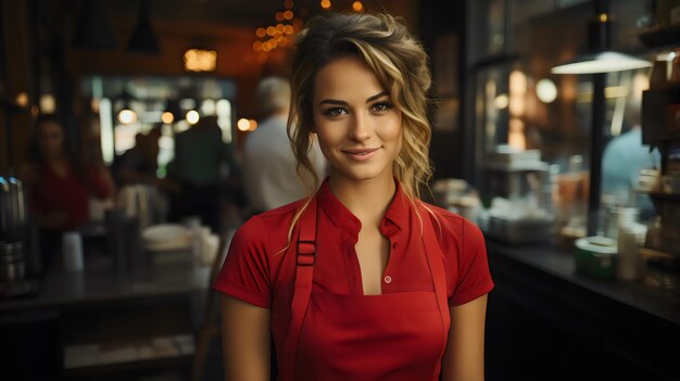 uma mulher de vestido vermelho está em frente a um restaurante