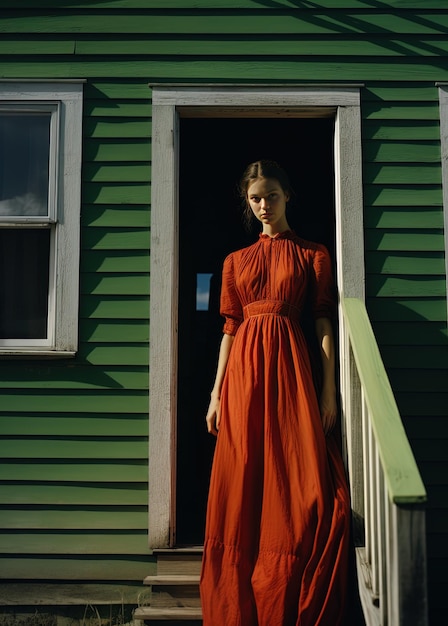 uma mulher de vestido vermelho está em uma porta