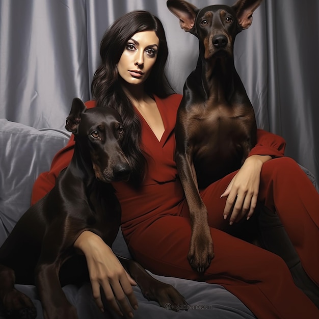 Foto uma mulher de vestido vermelho está sentada com seu cachorro