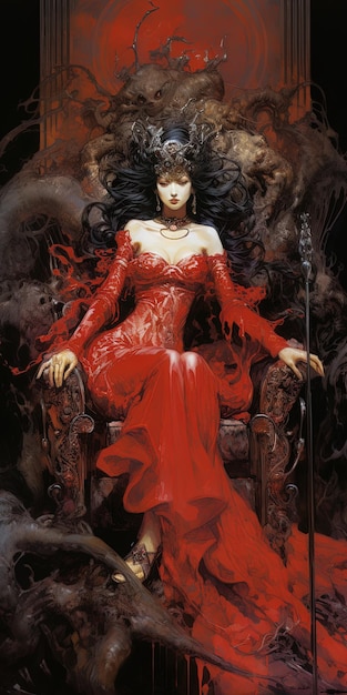 uma mulher de vestido vermelho está sentada em uma cadeira com uma espada