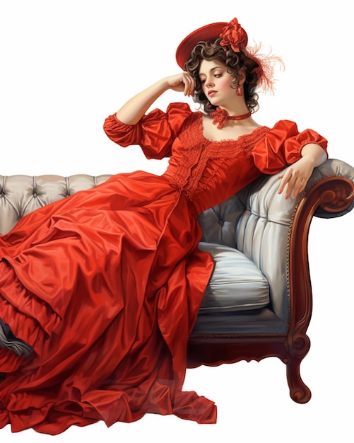 uma mulher de vestido vermelho está sentada em uma cadeira.