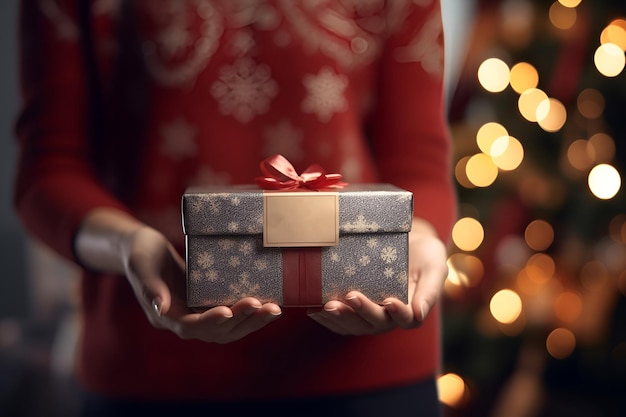 Uma mulher de vestido vermelho segura uma caixa de presente nas mãos no fundo de uma árvore de Natal