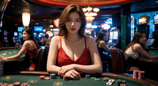 uma mulher de vestido vermelho senta-se na frente de uma mesa de pôquer