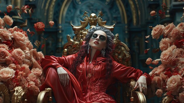 Foto uma mulher de vestido vermelho senta-se num trono dourado